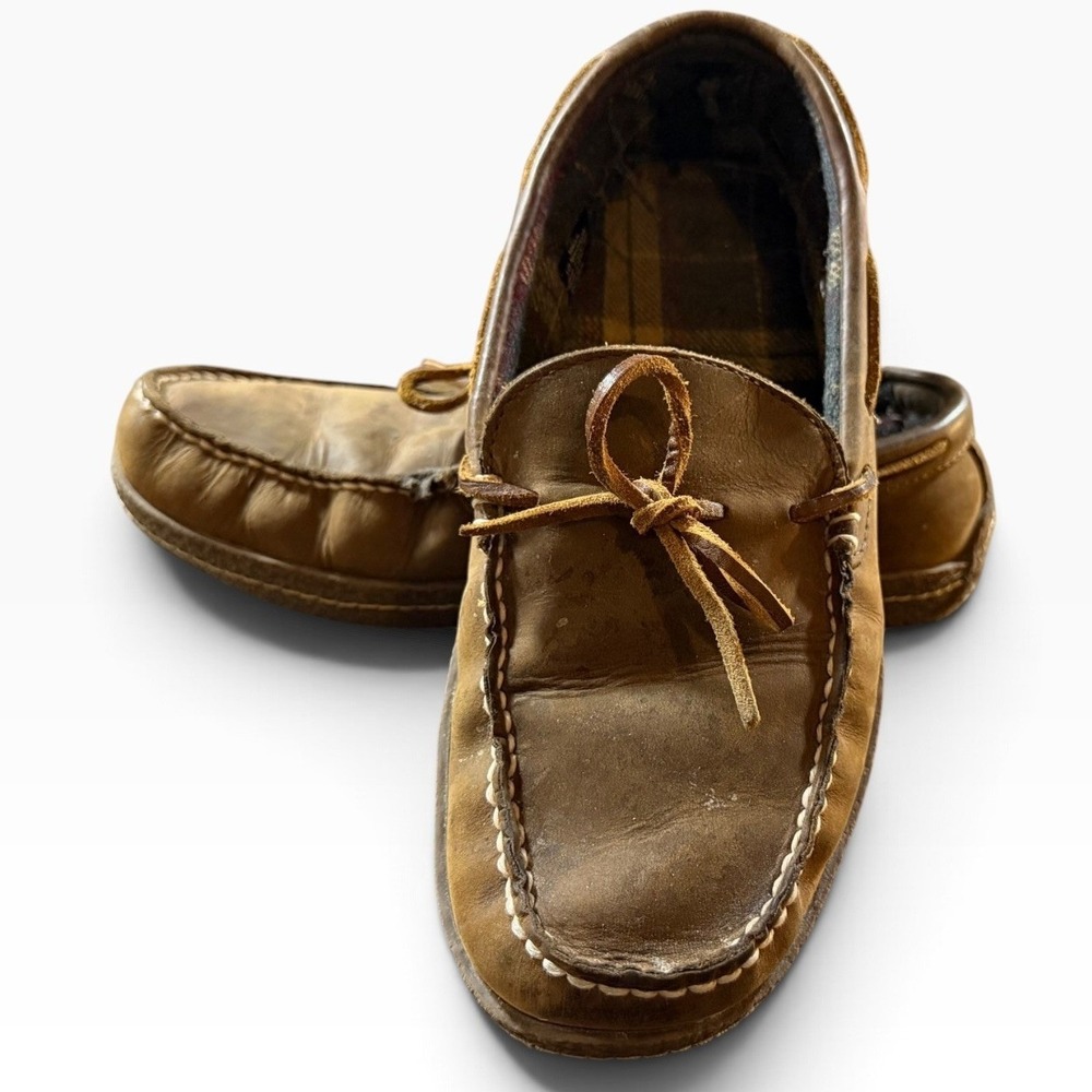 LL Bean Mens Wicked Good Moccasins Brown Leather Flannel Lined Slippers 10 M